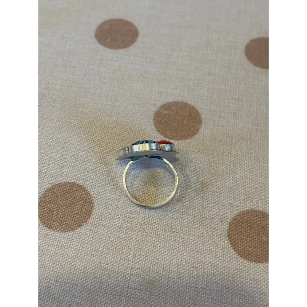 Three stone Turquoise & REd Coral Ring in Sterling Silver